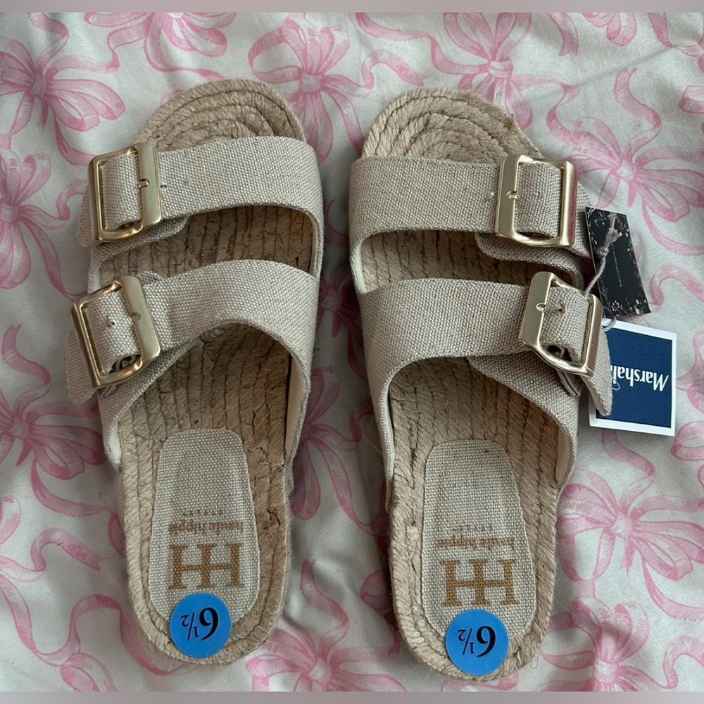 Haute Hippie Beige Sandals Double Straps With Gold Buckles